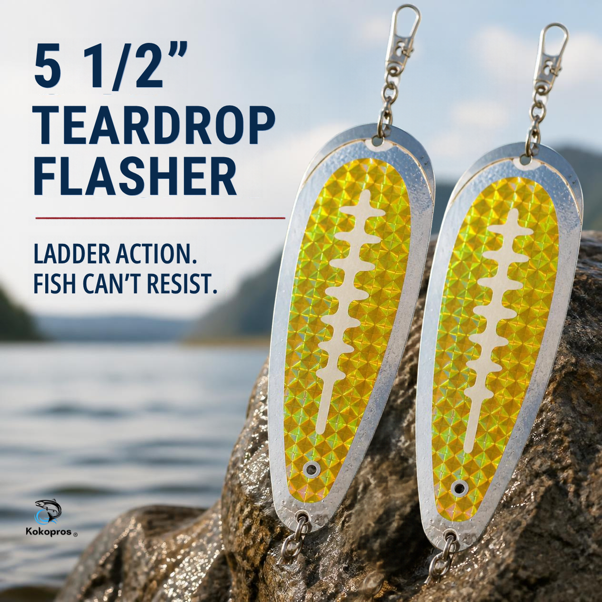 KOKOPROS® chrome-plated gold teardrop flashers with ladders, 5 1/2-inch, 2-pack, lifestyle scene
