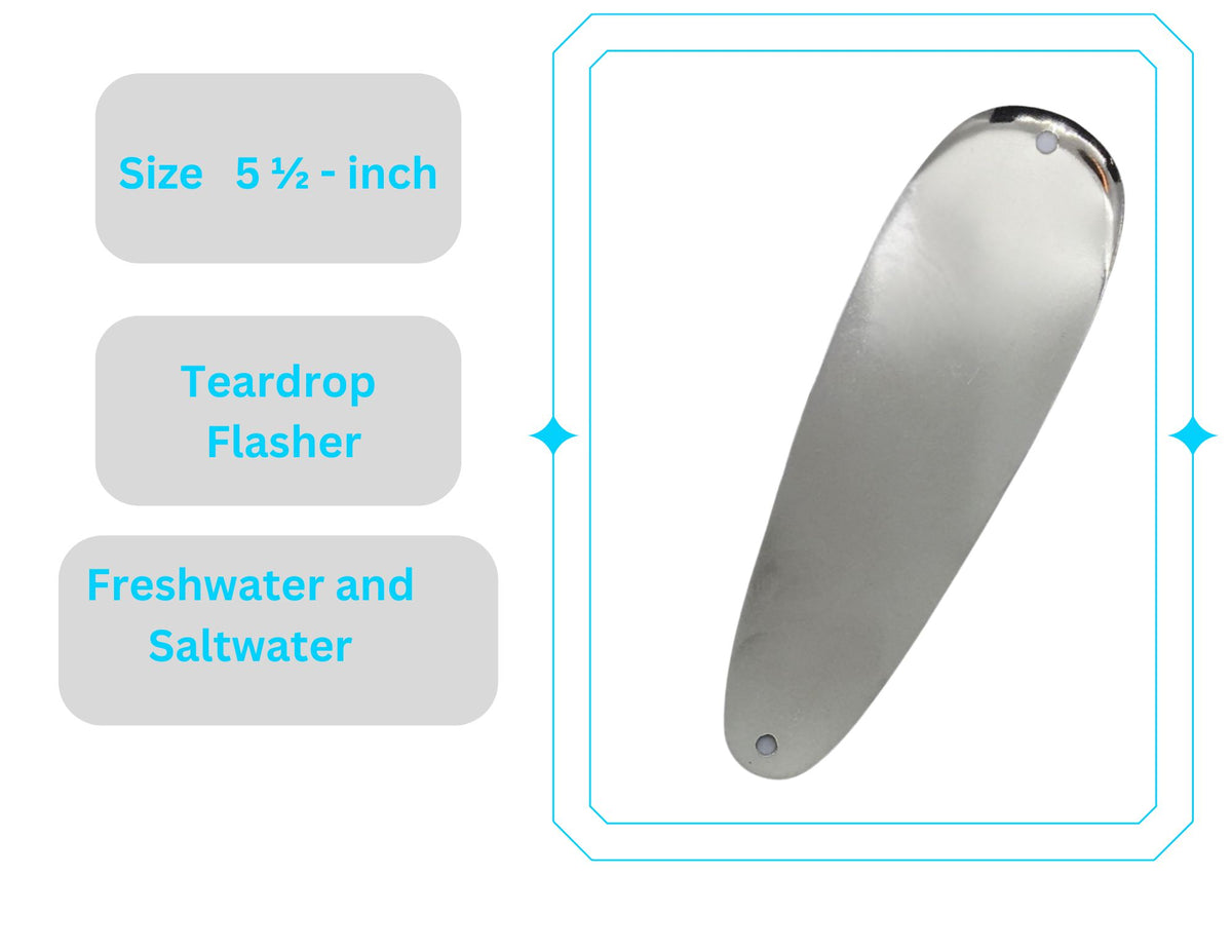KOKOPROS® silver blank teardrop flashers, 5 1/2-inch, 5-pack, with size measurement, infographic