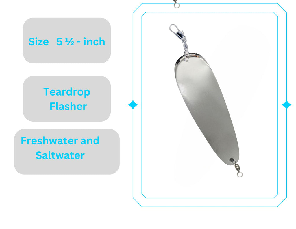 KOKOPROS® silver teardrop flashers with hardware, 5 1/2-inch, 5-pack, with size measurement, infographic