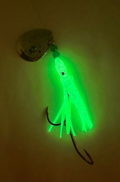 Salmon Tackle- Green Chartreuse #10- 4/0 Snell- Luminous Salmon Hoochie tied on 40 Lb Test Trilene Line, Hammered Nickel Colorado Spinner Blade (SNELL)
