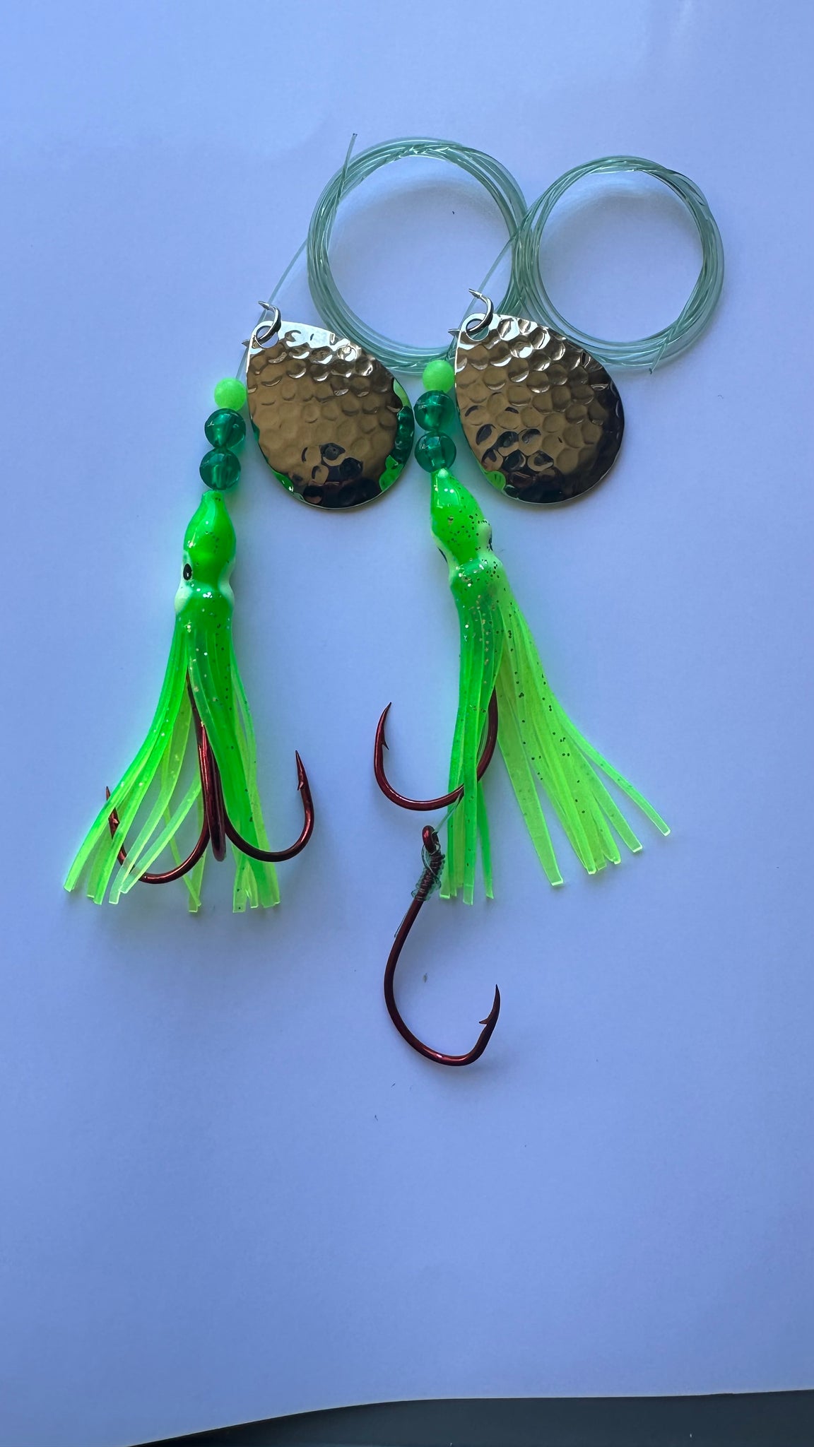 Salmon Tackle- Twin Pack Green Chartreuse #10 Luminous Salmon Hoochie's 1) Tied on a 2/0 Red Treble and the other on a 4/0 Red Octopus Snell Rig on 40 Lb Test Trilene and a Hammered Nickel Colorado Spinner Blade
