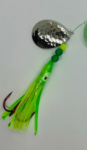 Salmon Tackle - Green Chartreuse #10-2/0 Treble- Luminous Salmon Hoochie with Hammered Nickle Colorado Spinner Blade tied on 40 Lb Test Trilene Big Game Line ( TREBLE )