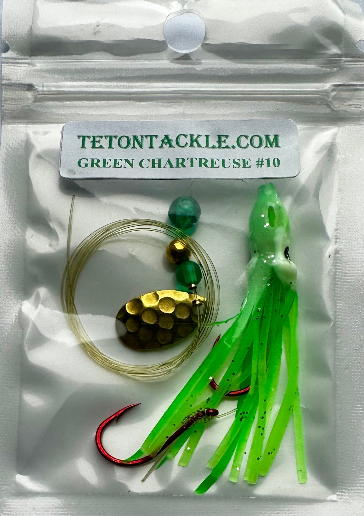 KOKOPROS® Green Chartreuse #10 luminous octopus hoochie, 6 cm, brass spinner blade, in packaging