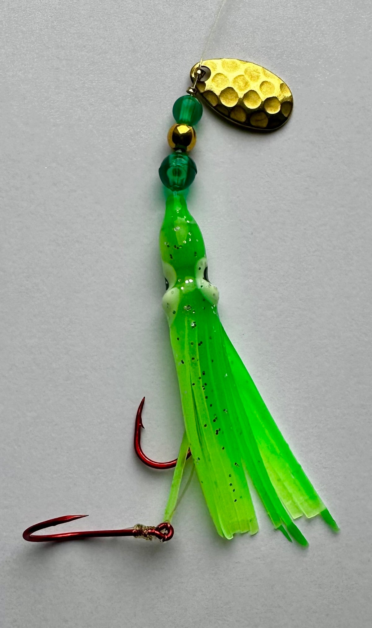 KOKOPROS® Green Chartreuse #10 luminous octopus hoochie, 6 cm, brass spinner blade, alternate view 2