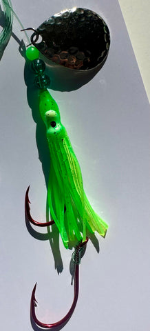 Salmon Tackle- Green Chartreuse #10- 4/0 Snell- Luminous Salmon Hoochie tied on 40 Lb Test Trilene Line, Hammered Nickel Colorado Spinner Blade (SNELL)