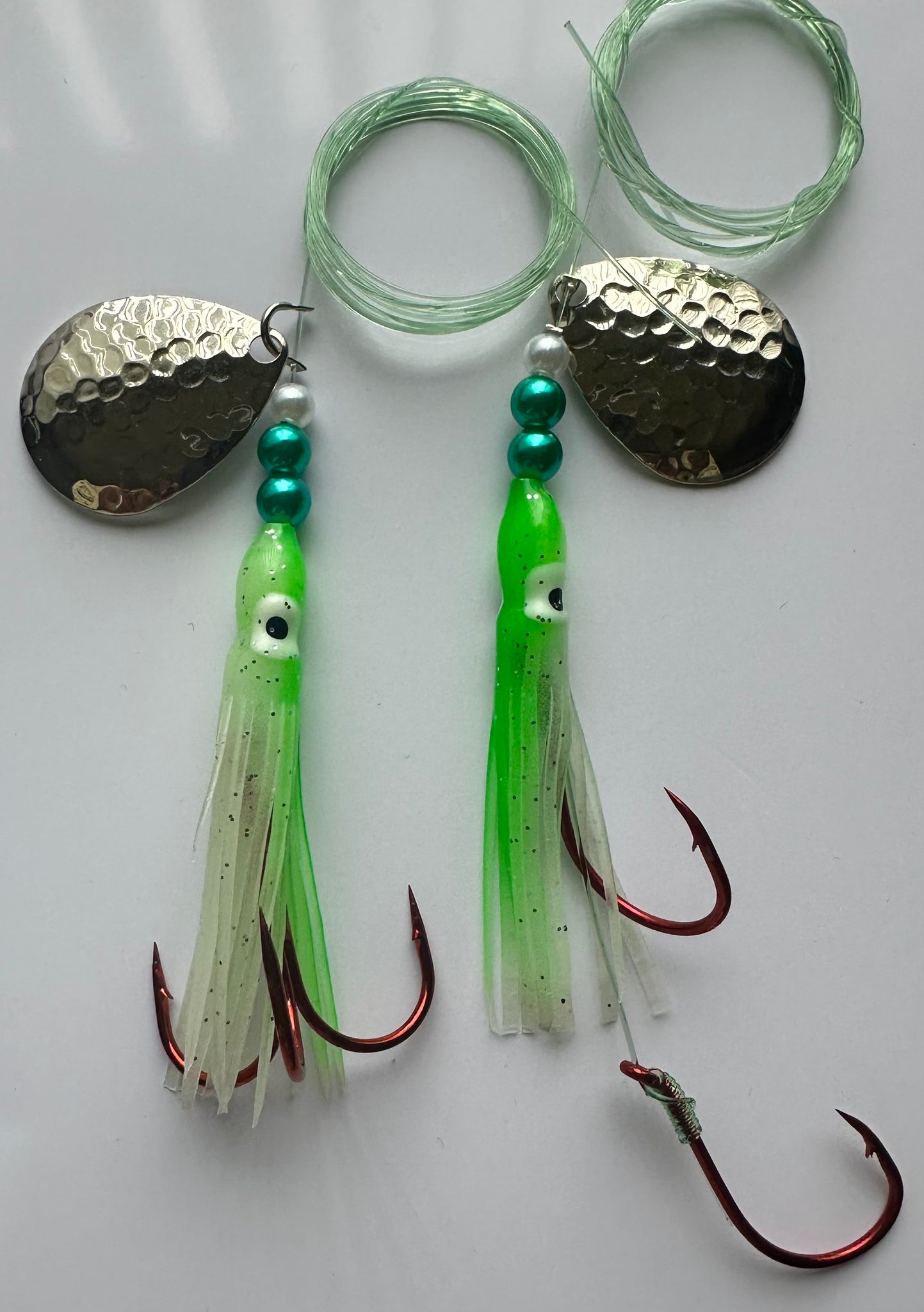 Salmon Tackle - Twin Pack Green and White #5 Salmon Hoochie's 1) Tied on a 2/0 Red Treble and the other tied on a 4/0 Red Octopus Snell Rig on 40 Lb Test Trilene with a Hammered Nickel Colorado Spinner Blade