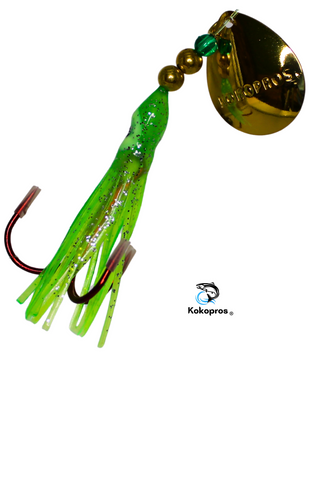 Salmon Tackle -Kokopros® Green Chartreuse #10-2/0 Treble- Luminous Salmon Hoochie with Kokopros Spinner Blade (TREBLE )