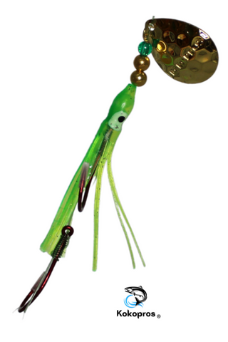 Salmon Tackle - Kokopros® Green #10- 4/0  Snell Hook-Luminous Salmon Hoochie with a Kokopros Spinner Blade (SNELL)