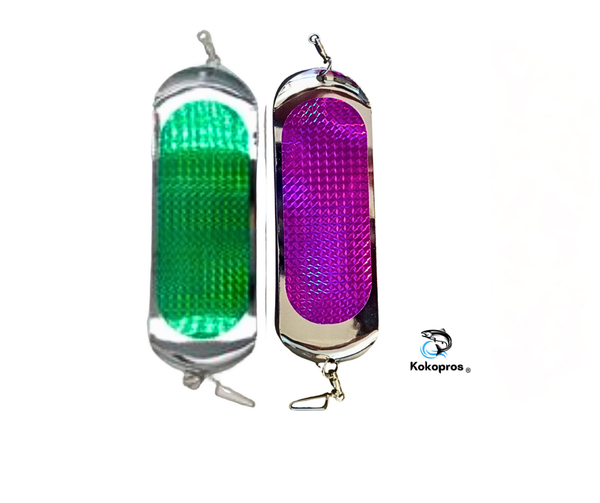 KOKOPROS® Salmon Fishing Flasher 8 1/2 in.  Purple and Green (2 PK) Bright Vibrant Colors for Attracting Fish - Durable Construction for Trolling Rigs
