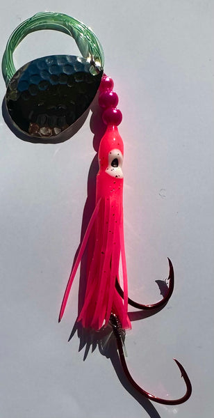 Salmon Tackle -Hot Pink #2- 4/0 Snells- Luminous Salmon Hoochie tied on 40 Lb Test Trilene Line, Hammered Nickel Colorado Spinner Blade(SNELL)