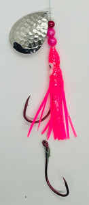 Salmon Tackle -Hot Pink #2- 4/0 Snells- Luminous Salmon Hoochie tied on 40 Lb Test Trilene Line, Hammered Nickel Colorado Spinner Blade(SNELL)