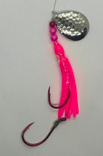 Kits- 10-Pack Chinook Luminous Salmon Hoochie Kit #3-  with 4/0 Red Octopus Snell Rigs, 40 Lb Test Trilene Big Game Line and Hammered Nickel Colorado Spinner Blades