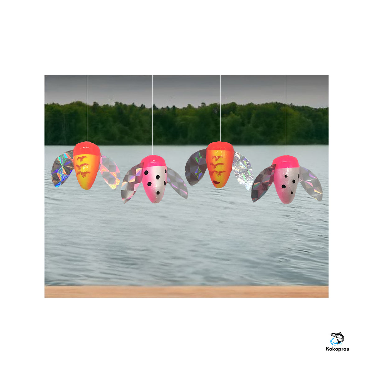 KOKOPROS® Spin n Glow spinners, 2 of each color, 6-pack, lake scene