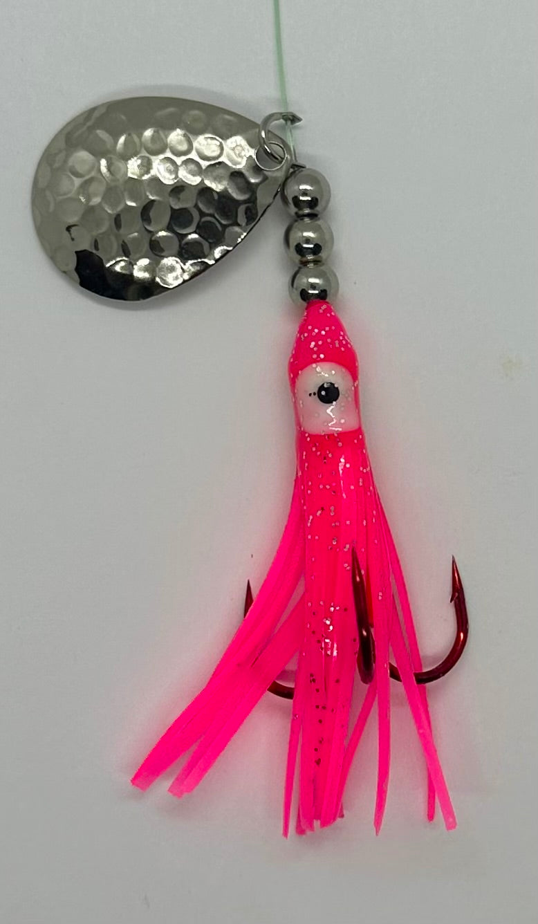 Salmon Tackle-Hot Pink #2-Luminous Salmon Hoochie w/Hammered Nickel Colorado Spinner Blade- *Best New Salmon Catching Lure on the Market!
