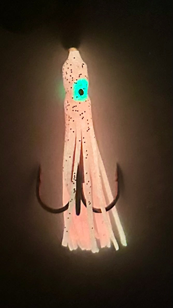 KOKOPROS® Hot Pink #2 luminous salmon hoochie, 2/0 treble, spinner blade, glowing in the dark