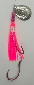Salmon Tackle -Hot Pink #2- 4/0 Snells- Luminous Salmon Hoochie tied on 40 Lb Test Trilene Line, Hammered Nickel Colorado Spinner Blade(SNELL)