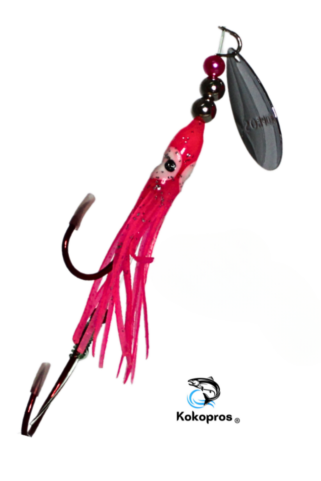 KOKOPROS® Hot Pink #2 luminous salmon hoochie, 4/0 snell, spinner blade