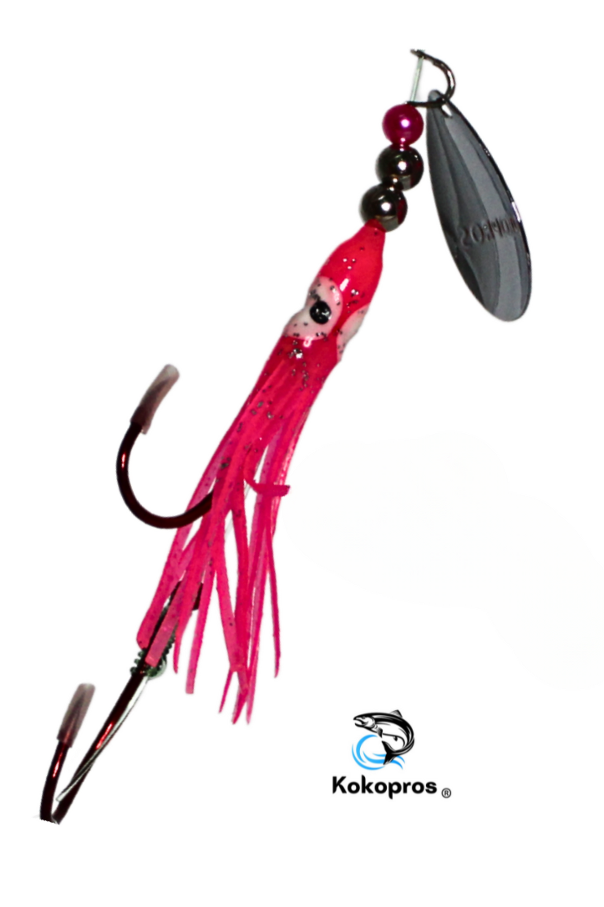 KOKOPROS® Hot Pink #2 luminous salmon hoochie, 4/0 snell, spinner blade