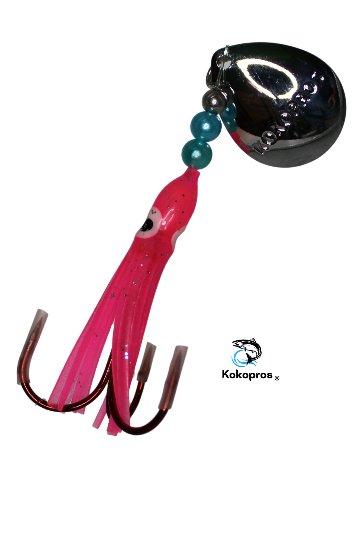 KOKOPROS® Hot Pink #2 luminous salmon hoochie, 2/0 treble, spinner blade