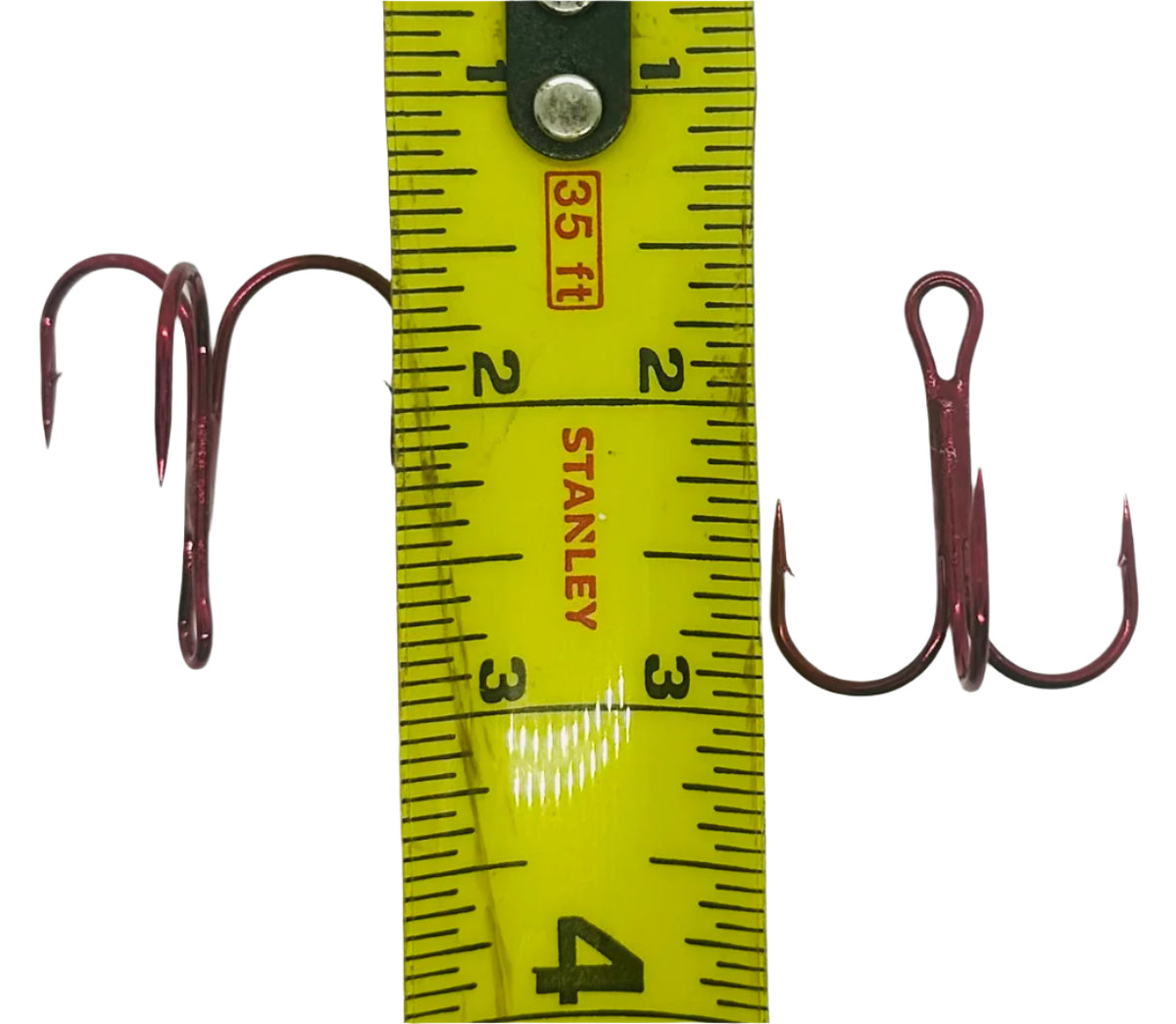 KOKOPROS® red treble hooks, size 2/0, 50-pack, with size measurement, close-up