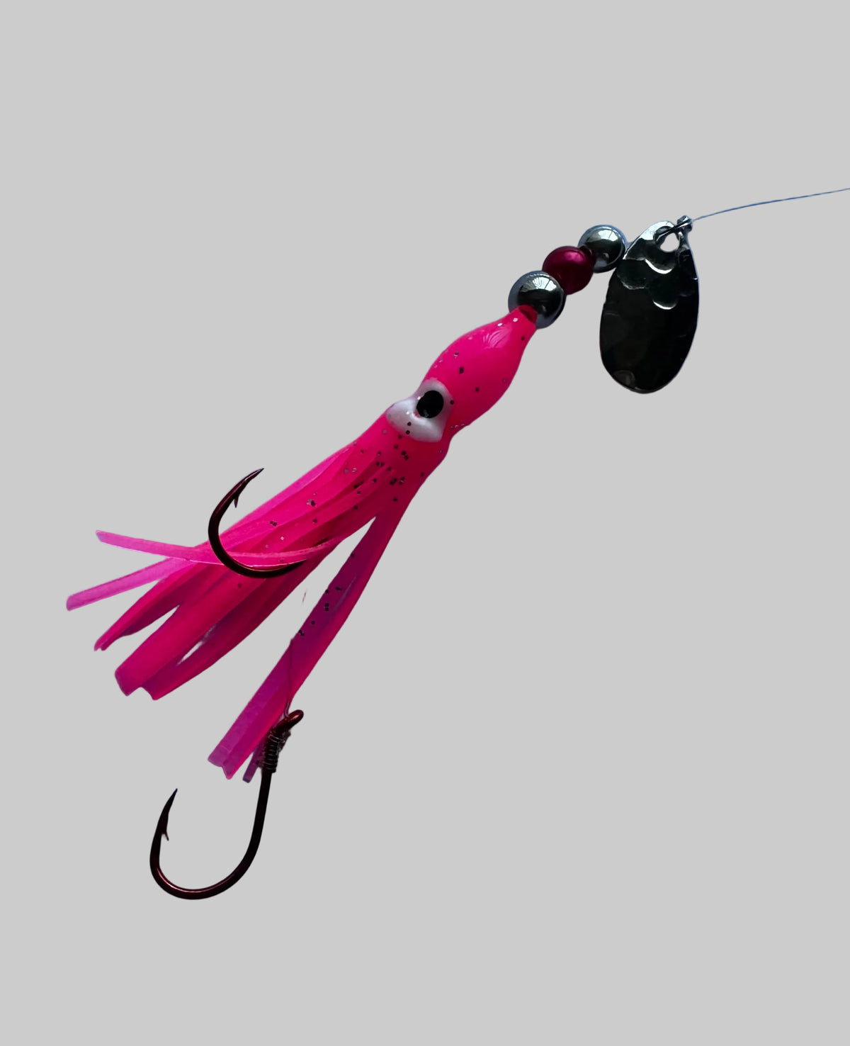 KOKOPROS® Hot Pink #2 luminous octopus hoochie, 6 cm, nickel spinner blade, full rig