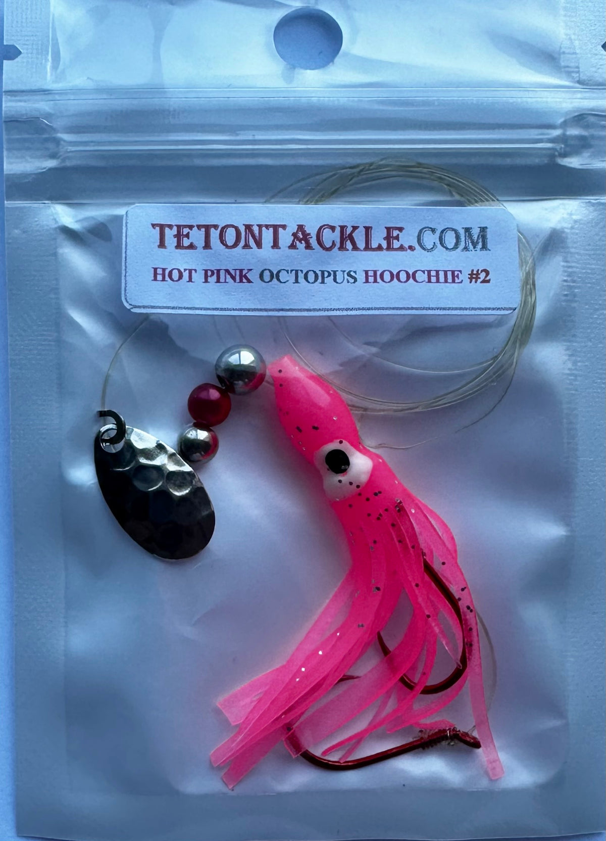 KOKOPROS® Hot Pink #2 luminous octopus hoochie, 6 cm, nickel spinner blade, in packaging