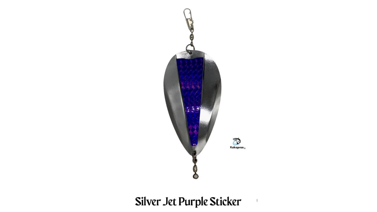 KOKOPROS® silver jet dodger with center console sticker, Purple sticker shown