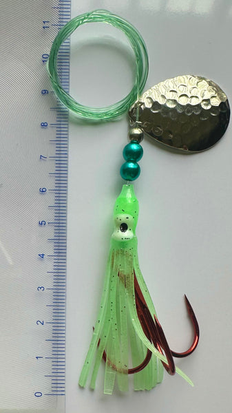 Salmon Tackle - Lt Green #8- Luminous Salmon Hoochie w/ Hammered Nickel Spinner Blade *Best New Salmon Lure on the Market!