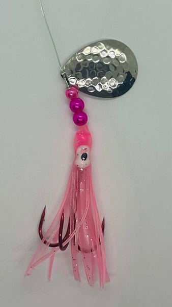 Salmon Tackle - Lt Pink #1- 2/0 Treble- Luminous Salmon Hoochie w/Hammered Nickel Spinner Blade, Super Sharp Kokopros Red 2/0 Treble Hook (TREBLE)