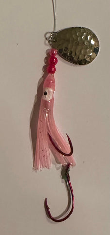 Salmon Tackle- Lt Pink #1- 4/0 Octopus Snells- Luminous Salmon Hoochie tied on 40 Lb Test Trilene Line, Hammered Colorado Spinner Blade (SNELL)