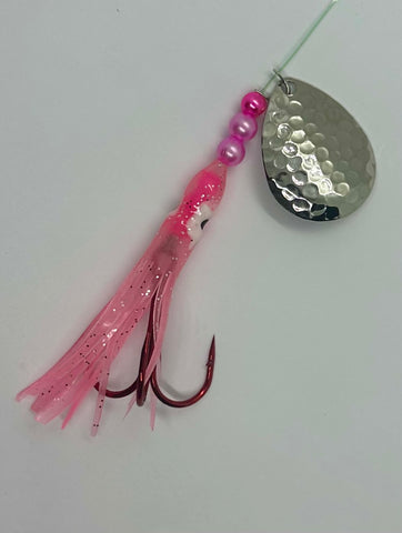 Salmon Tackle - Lt Pink #1- Luminous Salmon Hoochie w/Hammered Nickel Spinner Blade, Super Sharp Kokopros Red 2/0 Treble Hook