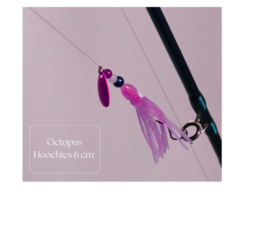 KOKOPROS® Hot Pink luminous octopus hoochies, 6 cm, 5-pack, on a fishing rod