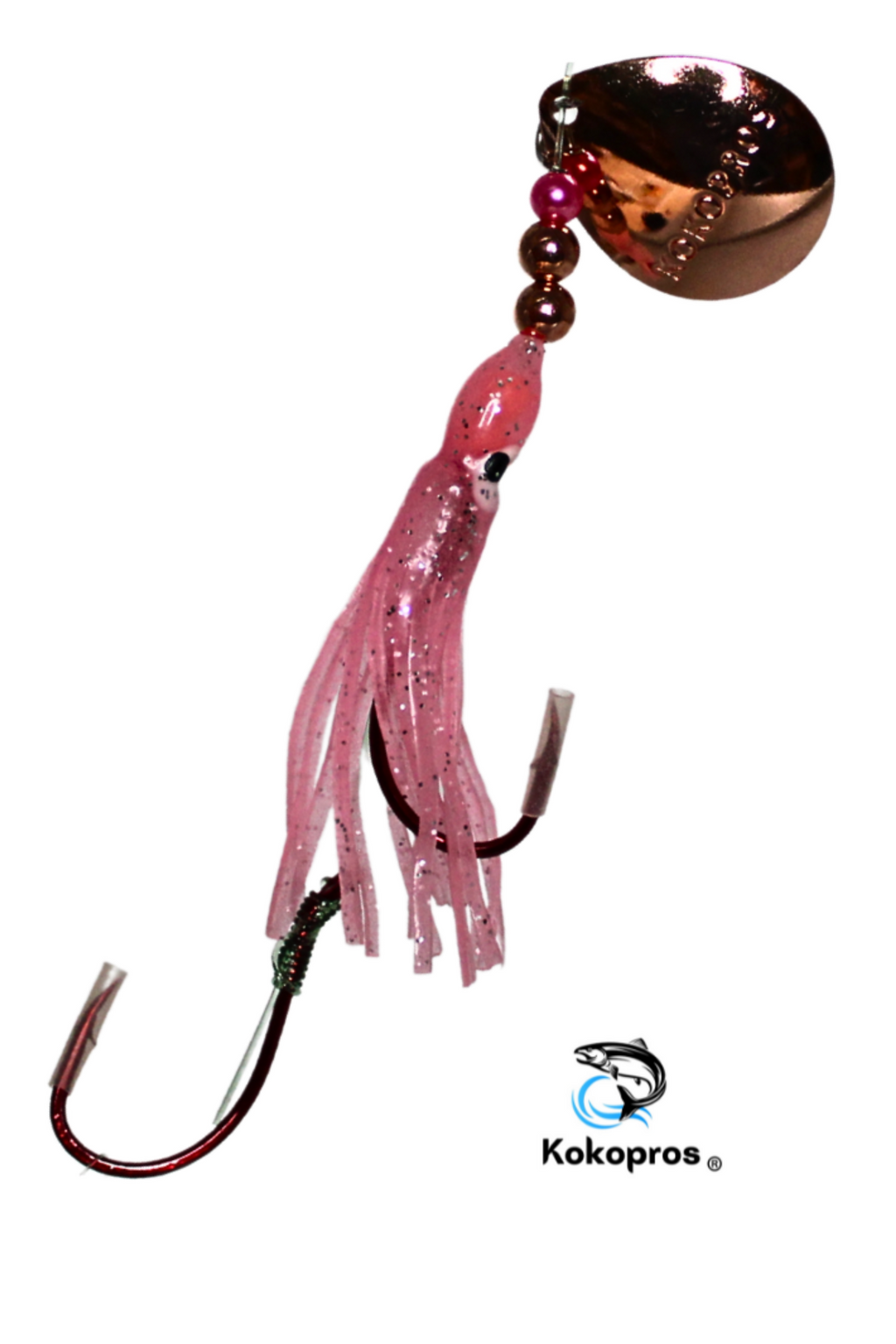 KOKOPROS® Light Pink #1 luminous salmon hoochie, 4/0 snell, spinner blade, on a fishing rod