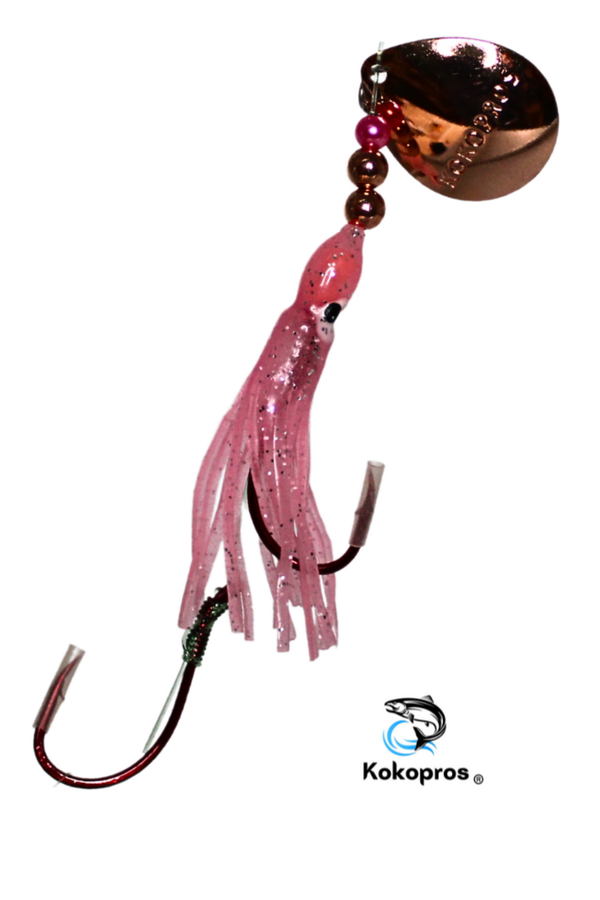 KOKOPROS® Light Pink #1 luminous salmon hoochie, 4/0 snell, spinner blade, on a fishing rod