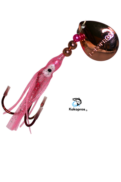 Salmon Tackle - Kokopros® Light Pink #1- 2/0 Treble- Luminous Salmon Hoochie Kokopros Spinner Blade, (TREBLE)