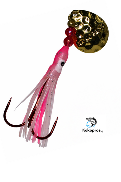 Salmon Tackle - Kokopros® Pink and White #3- 2/0 Treble- Luminous Salmon Hoochie- Kokopros Spinner Blade, Treble Hook (TREBLE)