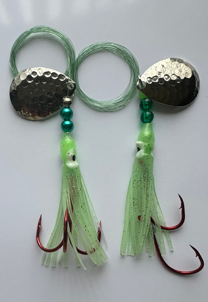 Salmon Tackle- Twin Pack Lt Green #8 Salmon Hoochie's 1) Tied with a 2/0 Red Treble and the other with a 4/0 Sharp Red Octopus Snell Rig, using 40 Lb Test Trilene and a Hammered Nickel Colorado Spinner Blade