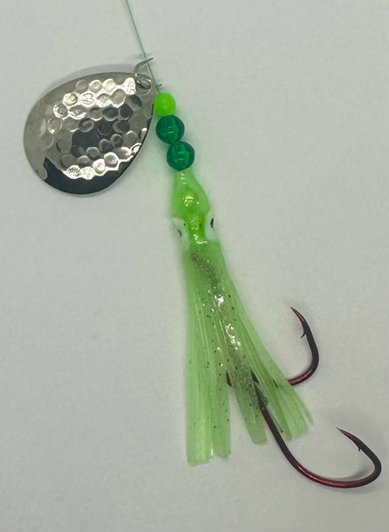 Salmon Tackle- Lt Green #8- 4/0 Snell- Salmon Hoochie-w/Hammered Nickel Colorado Spinner Blade -4/0 Octopus Snell Hooks ( SNELL )
