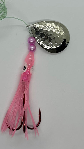 Salmon Tackle - Lt Pink #1- Luminous Salmon Hoochie w/Hammered Nickel Spinner Blade, Super Sharp Kokopros Red 2/0 Treble Hook