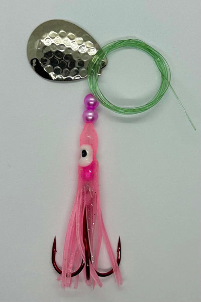 Salmon Tackle - Lt Pink #1- 2/0 Treble- Luminous Salmon Hoochie w/Hammered Nickel Spinner Blade, Super Sharp Kokopros Red 2/0 Treble Hook (TREBLE)