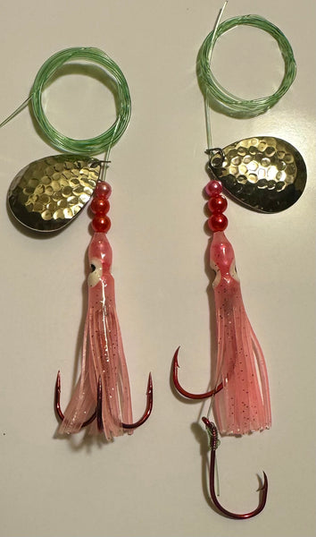 Salmon Tackle - Twin Pack Lt Pink #1 Salmon Hoochie's 1) Tied on a 2/0 Red Treble and the other with a 4/0 Red Octopus Snell Rig, on 40 Lb Test Trilene and a Hammered Nickel Colorado Spinner Blade