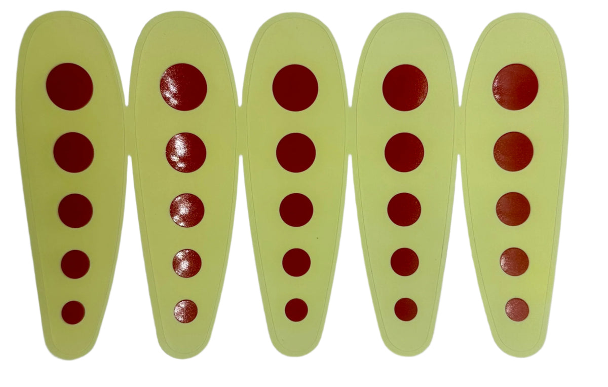 KOKOPROS® HyperGlow red dot stickers for 5 1/2-inch teardrop dodgers, 5-pack