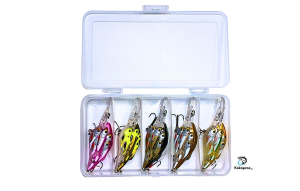 KOKOPROS®  Minnow Pod Bass Crank Bait Fishing Lures 5-PACK with case.