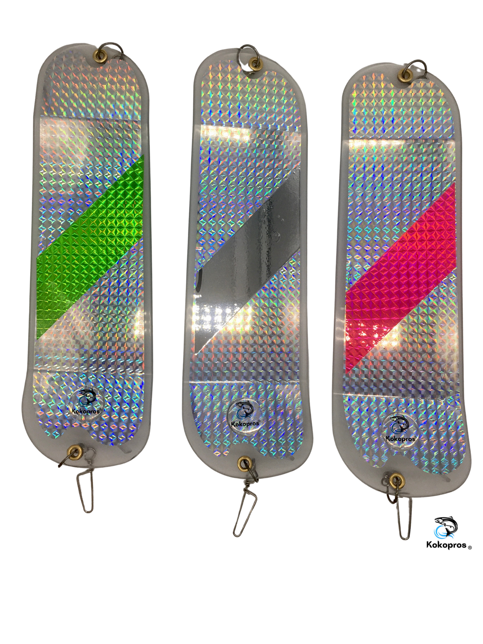 KOKOPROS®  11 Inch Salmon Flashers 3 Pk Silver, Hot Pink, Chrome, and Green Stripe