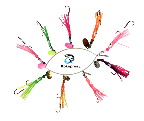 KOKOPROS® Hoochies 10 Pack -Glow Fresh water Kokanee Salmon Trolling Lures with Pre-Rigged Octopus Hooks - Spinner Blades, Synthetic Skirts Kokanee Hoochies for Salmon Fishing