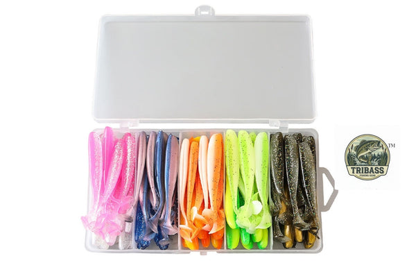 TRIBASS™ Bass Paddle Bait Soft Lures for Bass and Trout Multicolor 50 Pack with case