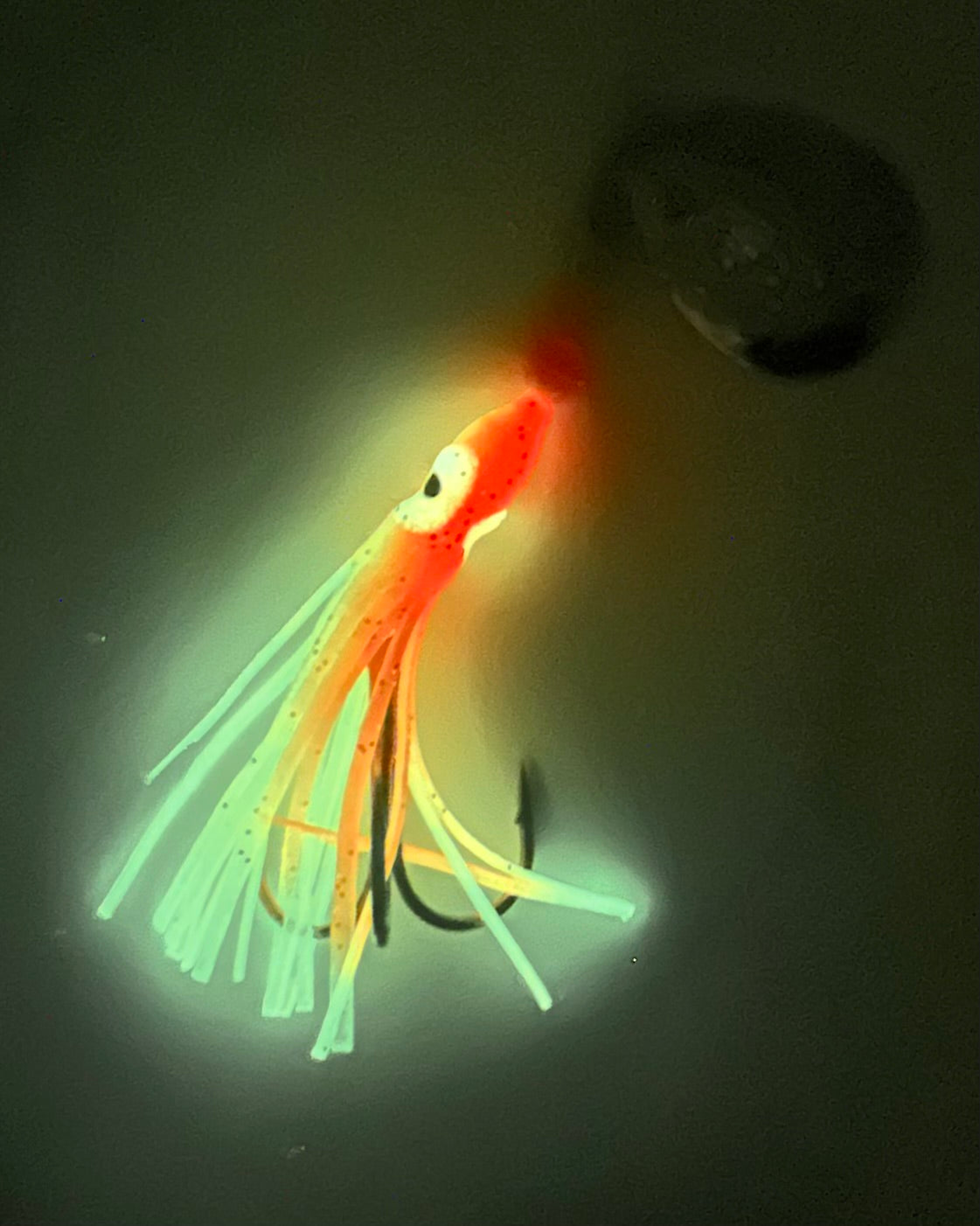 KOKOPROS® Orange Chartreuse #4 luminous salmon hoochie, 2/0 treble, spinner blade, glowing in the dark