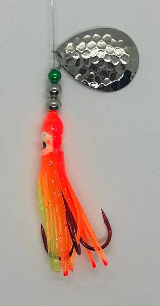 Salmon Tackle - Orange Chartreuse #4-Luminous Salmon Hoochie with Hammered Nickel Colorado Spinner Blade and a Red Super Sharp 2/0 Treble Hook