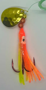 Salmon Tackle - Orange Chartreuse #4- 2/0 Treble Luminous Salmon Hoochie-with Gold Colored Hexagon Blade, Designed to catch Chinook and Coho Salmon (GOLD-TREBLE)