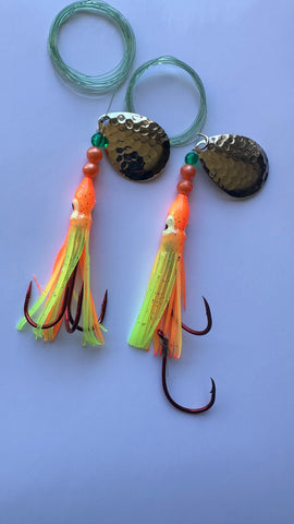 Salmon Tackle - Twin Pack Orange Chartreuse #4 Salmon Hoochie's 1) with a 2/0 Red Treble and the other with a 4/0 Red Octopus Snell Rig, 40 Lb Test Trilene Line with Hammered Nickel Colorado Spinner Blades